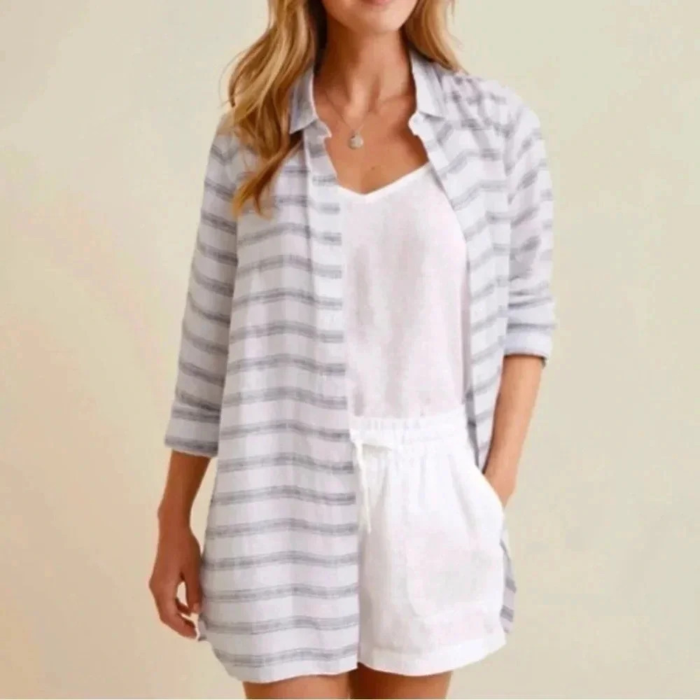 Garnet Hill Striped Button Down Shirt Dress Linen Oversized Tunic Gray Size S